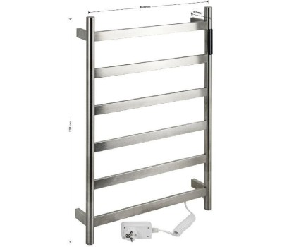 Полотенцесушитель электрический KRAFTTE 44044 ХРОМ, матовый, ЛЕСЕНКА, 480 х 730 х 90 мм, на 6 перекладин, 75 W, 220V / 50 Hz, из нержавеющей стали, с