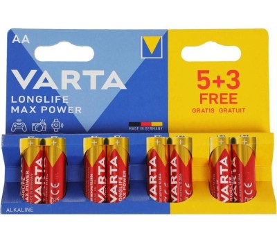 VARTA Батарея LongLife Max Power Alkaline LR6 BL5+3 AA (8шт) блистер