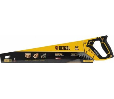 Ножовка DENZEL Ножовка по дереву, 500 мм, 9 TPI, зуб 3D, двухкомпонентная рукоятка 24147