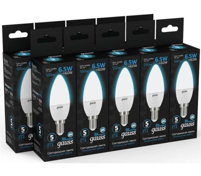 GAUSS Упаковка ламп LED E14, свеча, 6.5Вт, 103101307, 10 шт