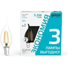 GAUSS Упаковка ламп LED E14, свеча на ветру, 5.5Вт, 1041126T, 3 шт