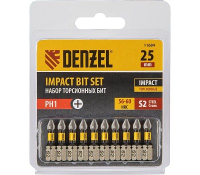 Набор бит DENZEL Набор бит торсионных PH1x25 мм, лазерная обработка шлица, сталь S2, 10 шт. 11684