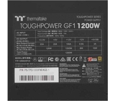 THERMALTAKE Блок питания Toughpower GF1, 1200Вт, 80 PLUS GOLD, 140мм, черный, retail [ps-tpd-1200fnfage-1]