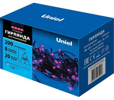 Гирлянда UNIEL (UL-00007310) ULD-S2000-200/DGA PINK IP20 Гирлянда светодиодная, 20м. 200 светодиодов. Розовый свет. Провод зеленый. ТМ Uniel