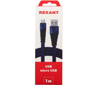 Дата-кабель REXANT (18-1163) Кабель REXANT USB-microUSB 1 м, плоский провод, синяя джинсовая оплетка