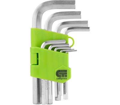 Набор ключей СИБРТЕХ Набор ключей имбусовых HEX, 2-12 мм, 45x, закаленные, 9 шт, короткие, никель 12317