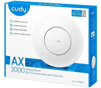 Точка доступа CUDY Точка доступа Wi-Fi AX3000 Wi-Fi 6 2 5G Access Point AX3000 Dual Band Ceiling Mount Wi-Fi 6 Access Point, Chipset MT7981, 802.11ax/ac/a/b/g/n, 2402Mbps at 5GHz + 574Mbps at 2.4GHz, 1 x 2.5G RJ45 Port, MU-MIMO, Support 12V DC or 802.3at 
