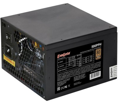 Блок питания EXEGATE Блок питания 500W 80 PLUS® Bronze 500PPH-S (ATX, APFC, SC, КПД 88% (80 PLUS Bronze), 12cm fan, 24pin, 2x(4+4)pin, 4xPCI-E, 6xSATA, 3xIDE, кабель 220V 1,8м с защитой от выдергивания, black, Color Box)