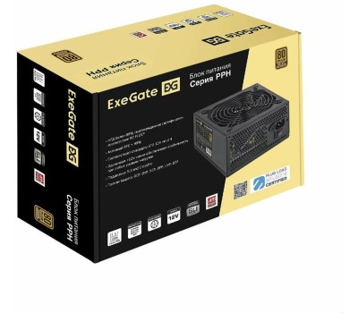 Блок питания EXEGATE Блок питания 500W 80 PLUS® Bronze 500PPH-S (ATX, APFC, SC, КПД 88% (80 PLUS Bronze), 12cm fan, 24pin, 2x(4+4)pin, 4xPCI-E, 6xSATA, 3xIDE, кабель 220V 1,8м с защитой от выдергивания, black, Color Box)