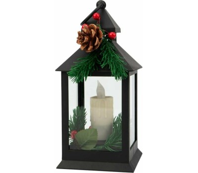 NEON-NIGHT (513-047) Декоративный фонарь со свечкой и шишкой, черный , 10,7x10,7x23,5 см, цвет Теплый