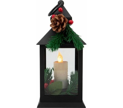NEON-NIGHT (513-047) Декоративный фонарь со свечкой и шишкой, черный , 10,7x10,7x23,5 см, цвет Теплый