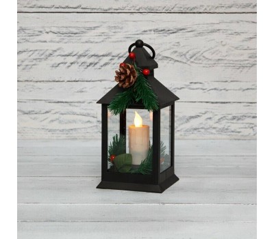 NEON-NIGHT (513-047) Декоративный фонарь со свечкой и шишкой, черный , 10,7x10,7x23,5 см, цвет Теплый