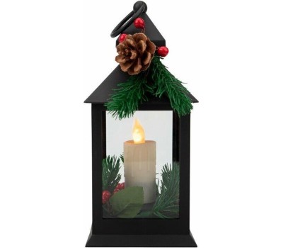 NEON-NIGHT (513-047) Декоративный фонарь со свечкой и шишкой, черный , 10,7x10,7x23,5 см, цвет Теплый