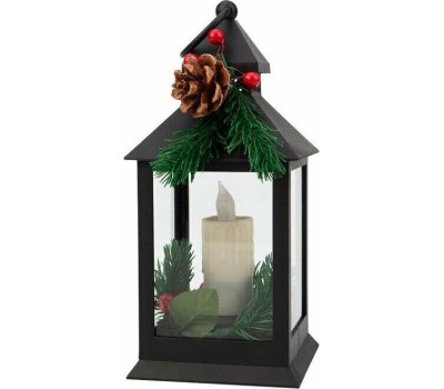 NEON-NIGHT (513-047) Декоративный фонарь со свечкой и шишкой, черный , 10,7x10,7x23,5 см, цвет Теплый