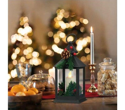 NEON-NIGHT (513-047) Декоративный фонарь со свечкой и шишкой, черный , 10,7x10,7x23,5 см, цвет Теплый