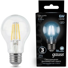 GAUSS Лампа филам. Filament A60 6Вт цок.:E27 груша 220B св.свеч.бел.нейт. (упак.:10шт) (102802206)