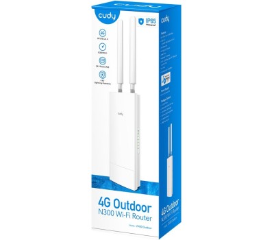 Точка доступа CUDY Точка доступа Outdoor 4G LTE Cat 4 N300 Wi-Fi Router Outdoor 4G LTE N300 WiFi Router, Cat.4, 300Mbps Wi-Fi, build-in 4G LTE modem, lightning protection, IP65 Waterproof, 10/100M RJ45, 2 x Detachable 4G Antennas, 24V passive PoE adapter 