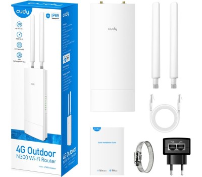 Точка доступа CUDY Точка доступа Outdoor 4G LTE Cat 4 N300 Wi-Fi Router Outdoor 4G LTE N300 WiFi Router, Cat.4, 300Mbps Wi-Fi, build-in 4G LTE modem, lightning protection, IP65 Waterproof, 10/100M RJ45, 2 x Detachable 4G Antennas, 24V passive PoE adapter 