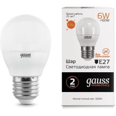 GAUSS Лампа светодиодная Elementary 6Вт цок.:E27 шар 220B св.свеч.бел.теп. (упак.:10шт) (53216)