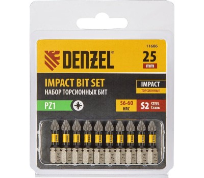 Набор бит DENZEL Набор бит торсионных PZ1x25 мм, лазерная обработка шлица, сталь S2, 10 шт. 11686