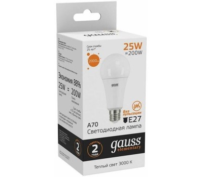 GAUSS Лампа светодиодная Elementary 25Вт цок.:E27 груша 220B св.свеч.бел.теп. A67 (упак.:10шт) (73215)