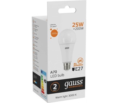 GAUSS Лампа светодиодная Elementary 25Вт цок.:E27 груша 220B св.свеч.бел.теп. A67 (упак.:10шт) (73215)