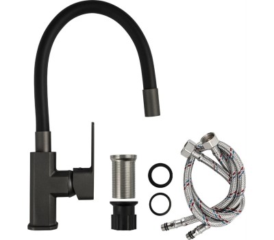 Смеситель для кухни FABIA 9657 Смеситель для кухни, шаровый, с гибким черным изливом, корпус квадратный, цвет ГРАФИТ