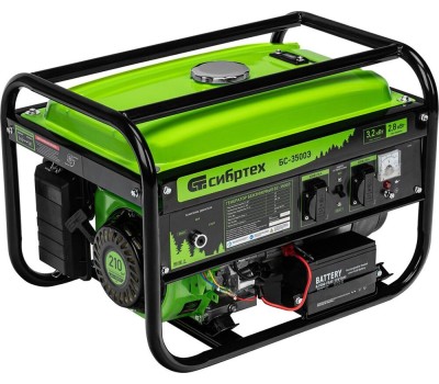 Генератор бензиновый СИБРТЕХ Генератор бензиновый БС-3500Э, 3,2 кВт, 230В, 15 л, электростартер 94538