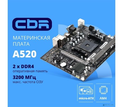 Материнская плата CBR A520 OEM { Chipset A520, Socket AM4, 2*DDR4, mATX, VGA+HDMI, 1*PCIEx16,1*PCIEx1,1*M.2(NVME & SATA), 4*SATA3, 2*USB2.0 + 4*USB3.0, LAN 1Gb} OEM УПАКОВКА