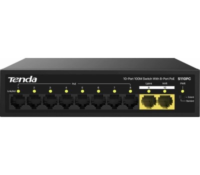 Коммутатор TENDA Коммутатор S110PC Коммутатор неуправляемый PoE, 10 портов 10x100 Мбит/с, PoE 8х до 30 Вт, настольный