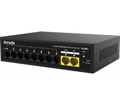 Коммутатор TENDA Коммутатор S110PC Коммутатор неуправляемый PoE, 10 портов 10x100 Мбит/с, PoE 8х до 30 Вт, настольный