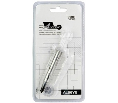 ALSEYE Термопаста S-810 Color: Grey Thermal Conductivity: >4.63 W/m-K Thermal Impdedance: <0.0087 ℃-in2/W Specific Gravity: >3.15 Viscosity: 12500 Thixotropic Index: 280 ±10 1/10mm Moment Beared Temperature: -50-300℃ Operation Temperture: -30-280℃; silico