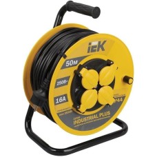 IEK Удлинитель силовой Industrial, розеток 4шт, 3x1.5 кв.мм, 16A, 50м, ПВС, катушка, желтый [wkp15-16-04-50]