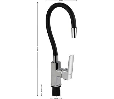 Смеситель для кухни FABIA 9655 Смеситель для кухни, шаровый, с гибким черным изливом, корпус квадратный, цвет ХРОМ.