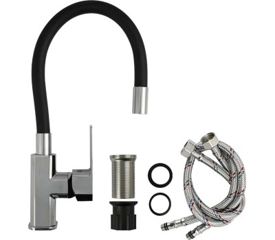 Смеситель для кухни FABIA 9655 Смеситель для кухни, шаровый, с гибким черным изливом, корпус квадратный, цвет ХРОМ.