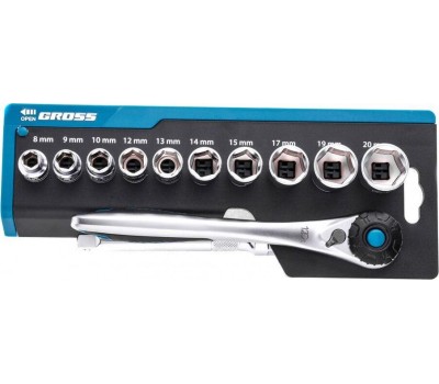 Набор головок GROSS Набор торцевых головок, трещотка 120 зубьев, 3/8