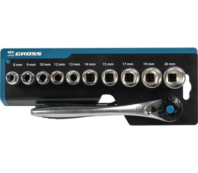 Набор головок GROSS Набор торцевых головок, трещотка 120 зубьев, 3/8