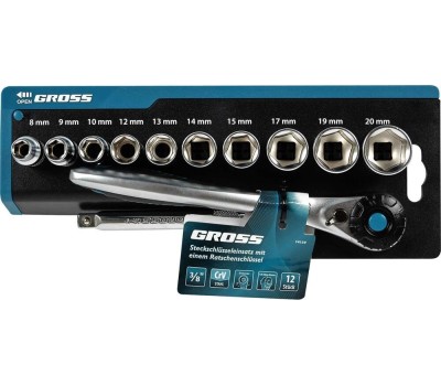 Набор головок GROSS Набор торцевых головок, трещотка 120 зубьев, 3/8