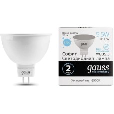 GAUSS Лампа светодиодная Elementary MR16 6Вт цок.:GU5.3 спот 220B св.свеч.бел.хол. MR16 (упак.:10шт) (13536)