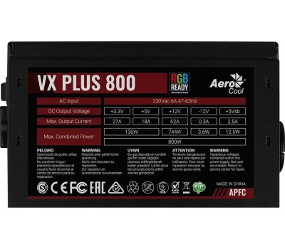 Блок питания AEROCOOL Блок питания 800W VX PLUS 800W (ATX, 20+4 pin, 120mm fan, PCI-E 6+2Px4, 6xSATA) (VX PLUS 800 RGB)
