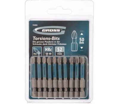 Набор торсионных бит GROSS Бита торсионная PH3 x 50 мм, для ударных шуруповертов, 10 шт. 11494