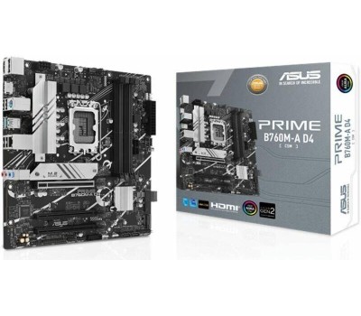 Материнская плата ASUS PRIME B760M-A D4-CSM (Socket 1700, mATX, 4xDDR4(128GB), DP/2xHDMI, 3xPCIe 4.0x16, 1xLAN (2.5GbE), 4xSATA 6Gb/s, 2xM.2, 2xUSB 3.2, 4xUSB 2.0, 1xPS/2, mATX)