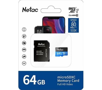 Карта памяти NETAC 64Gb MicroSD P500 + SD адаптер (NT02P500STN-064G-R)