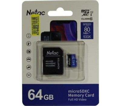 Карта памяти NETAC 64Gb MicroSD P500 + SD адаптер (NT02P500STN-064G-R)