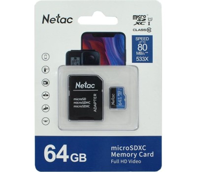 Карта памяти NETAC 64Gb MicroSD P500 + SD адаптер (NT02P500STN-064G-R)
