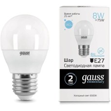 GAUSS Лампа светодиодная Elementary 8Вт цок.:E27 шар 220B св.свеч.бел.хол. (упак.:10шт) (53238)