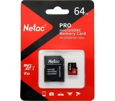 Карта памяти NETAC 64Gb MicroSD P500 Extreme Pro + SD adapter (NT02P500PRO-064G-R)