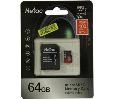 Карта памяти NETAC 64Gb MicroSD P500 Extreme Pro + SD adapter (NT02P500PRO-064G-R)