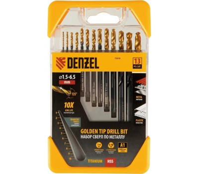 Набор сверл DENZEL Набор сверл по металлу, 1,5-6,5 мм, HSS-Tin, Golden Tip, 13 шт 72318