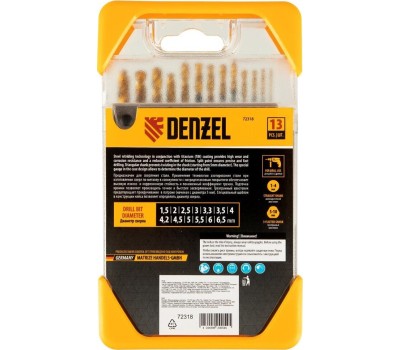 Набор сверл DENZEL Набор сверл по металлу, 1,5-6,5 мм, HSS-Tin, Golden Tip, 13 шт 72318